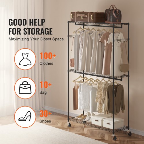 Heavy Duty Clothes Rack Rolling Clothing Garment Rack with 3 Storage Tiers