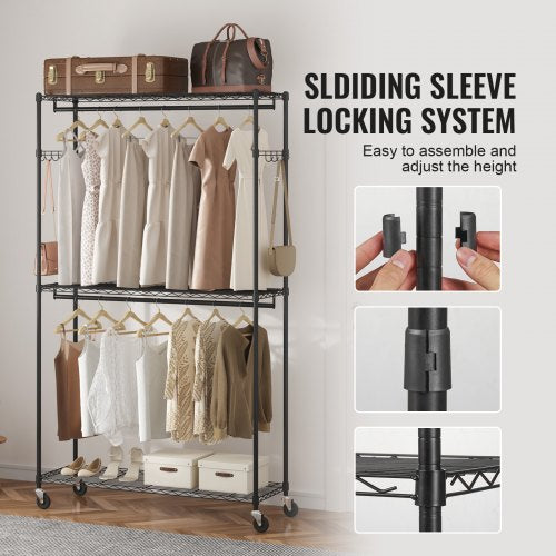 Heavy Duty Clothes Rack Rolling Clothing Garment Rack with 3 Storage Tiers