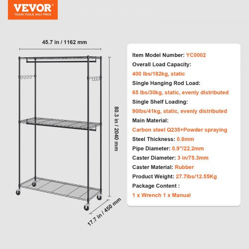 Heavy Duty Clothes Rack Rolling Clothing Garment Rack with 3 Storage Tiers
