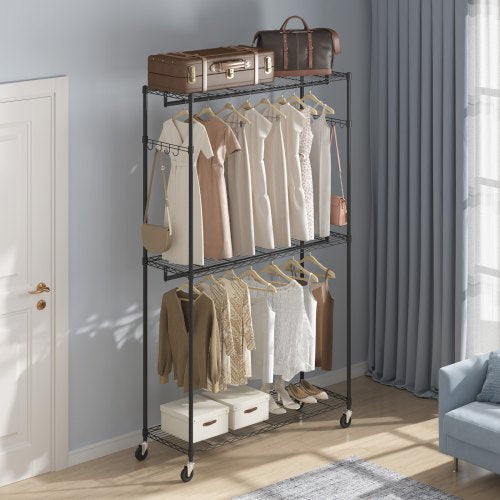 Heavy Duty Clothes Rack Rolling Clothing Garment Rack with 3 Storage Tiers