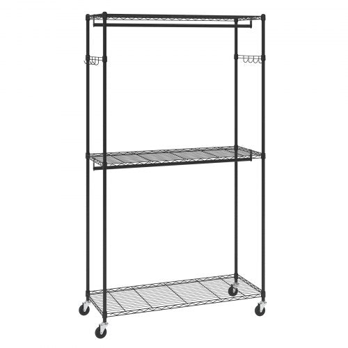 Heavy Duty Clothes Rack Rolling Clothing Garment Rack with 3 Storage Tiers