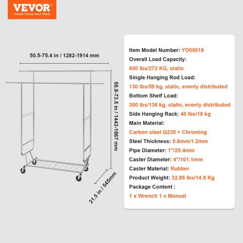 Heavy Duty Clothes Rack Double Hanging Rod Clothing Garment Rack for Hanging