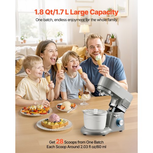 Ice Cream Maker 1.8 Qt Capacity 6Speed Electric Stand Mixer with LED