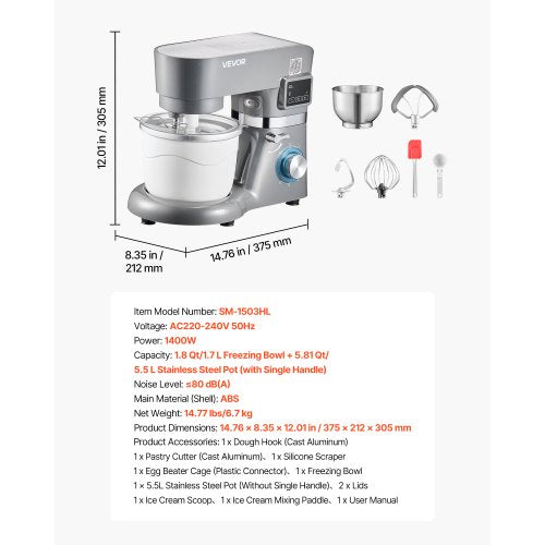 Ice Cream Maker 1.8 Qt Capacity 6Speed Electric Stand Mixer with LED