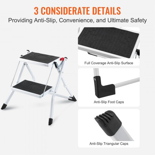 Step Ladder 2Step 330lbs Capacity Ergonomic Folding Steel Step Stool with Wide