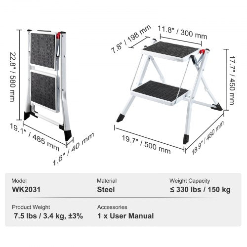 Step Ladder 2Step 330lbs Capacity Ergonomic Folding Steel Step Stool with Wide