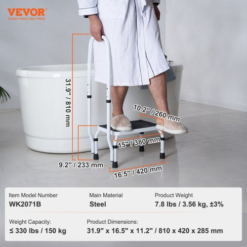 Step Stool 1Step 330lbs Capacity 3 Adjustable Height with Handle Steel