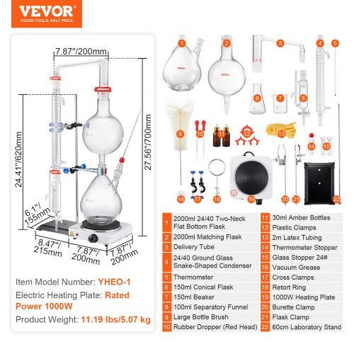 Essential Oil Distillation Kit 2000ml Distillation Apparatus 33 Boro Lab
