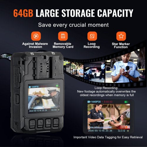 1440P HD Police Body Camera 64GB Body Cam with Audio Video Recording