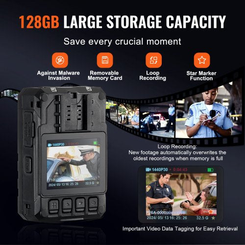 1440P HD Police Body Camera 128GB Body Cam with Audio Video Recording