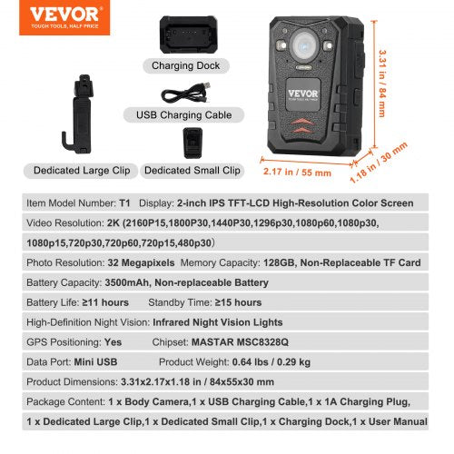 1440P HD Police Body Camera 128GB Body Cam with Audio Video Recording