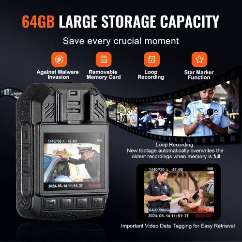 1440P HD Police Body Camera 64GB Body Cam with Audio Video Recording
