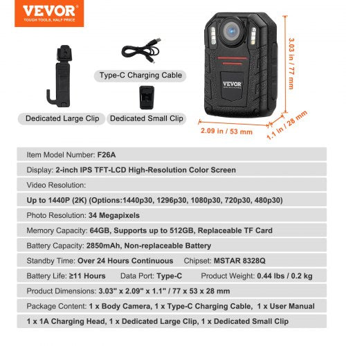 1440P HD Police Body Camera 64GB Body Cam with Audio Video Recording