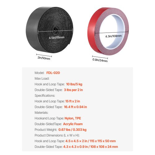 15 ft x 2 in Hook Loop Tape and 16.4 ft x 094 in DoubleSide Strips Nylon