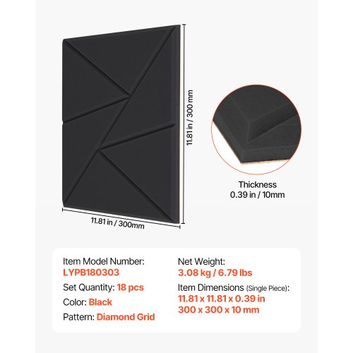 18 Pack Acoustic Panels with Self Adhesive 118 x 118 x 0.4 inch Sound