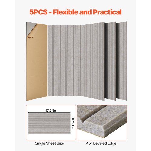 5 Pack Acoustic Panels with Self Adhesive 472 x 236 x 0.4 inch Sound