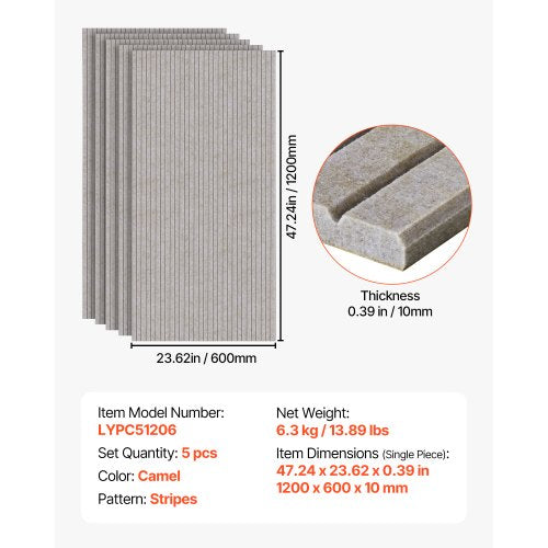 5 Pack Acoustic Panels with Self Adhesive 472 x 236 x 0.4 inch Sound
