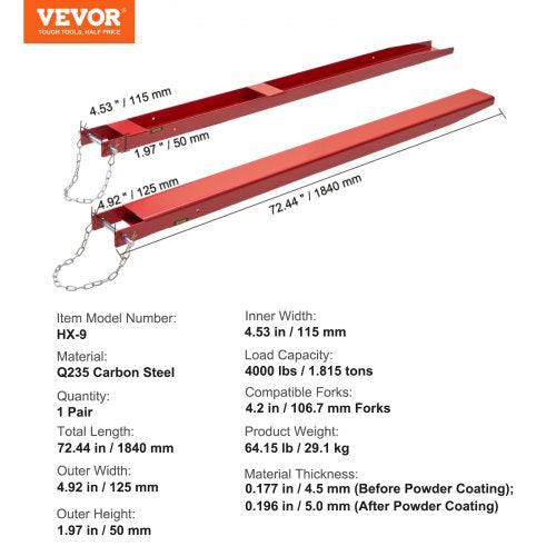 Pallet Fork Extensions 72 Length 45 Width Heavy Duty Carbon Steel Fork