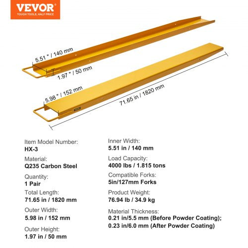 Pallet Fork Extensions 72 Length 55 Width Heavy Duty Carbon Steel Fork