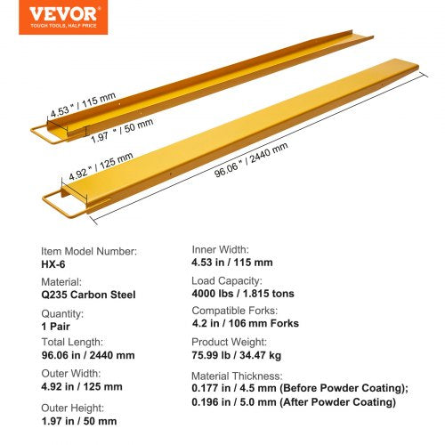 Pallet Fork Extensions 96 Length 45 Width Heavy Duty Carbon Steel Fork