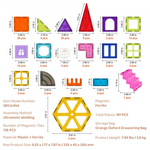 Magnetic Tiles 181 PCS Magnetic Building Blocks for Kids Magnet Building