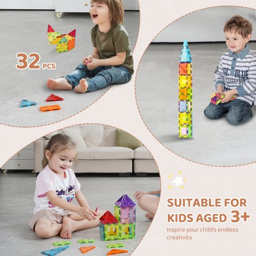 Magnetic Tiles 32 PCS Magnetic Building Blocks for Kids Magnet Building