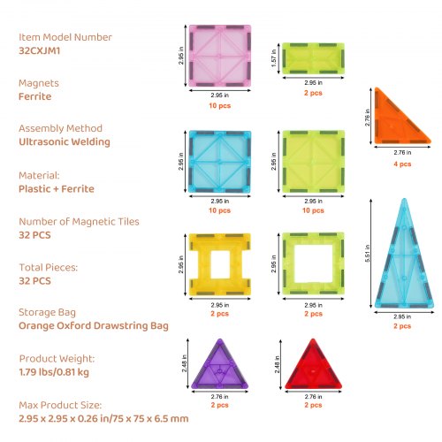 Magnetic Tiles 32 PCS Magnetic Building Blocks for Kids Magnet Building