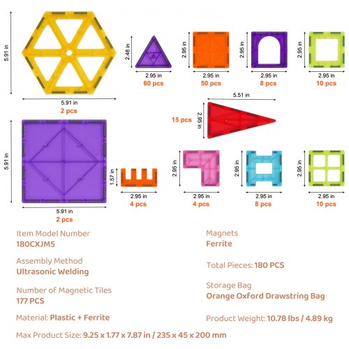 Magnetic Tiles 180 PCS Magnetic Building Blocks for Kids Magnet Building