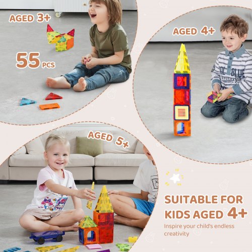 Magnetic Tiles 55 PCS Magnetic Building Blocks for Kids Magnet Building