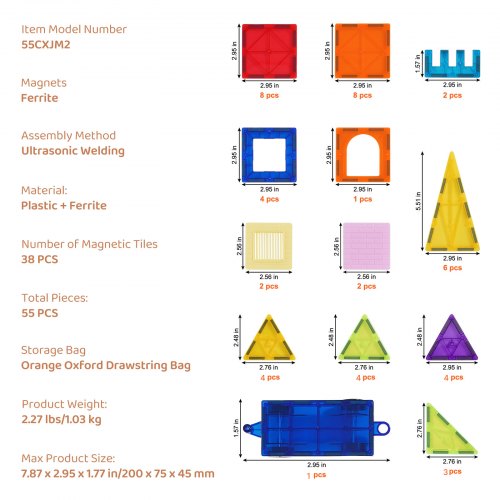 Magnetic Tiles 55 PCS Magnetic Building Blocks for Kids Magnet Building