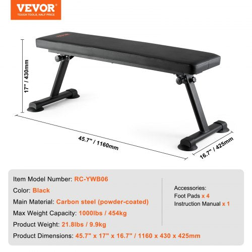 Flat Weight Bench Foldable Strength Training Bench Utility Workout Bench