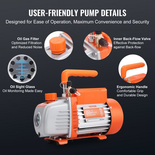 15 HP 35 CFM AC Vacuum Pump and Gauge Set Single Stage Rotary Vane HVAC