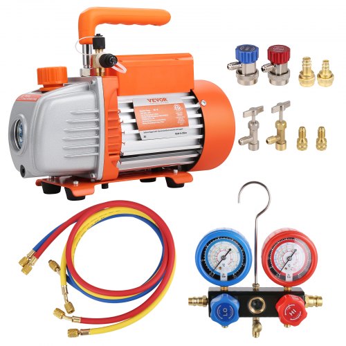 15 HP 35 CFM AC Vacuum Pump and Gauge Set Single Stage Rotary Vane HVAC