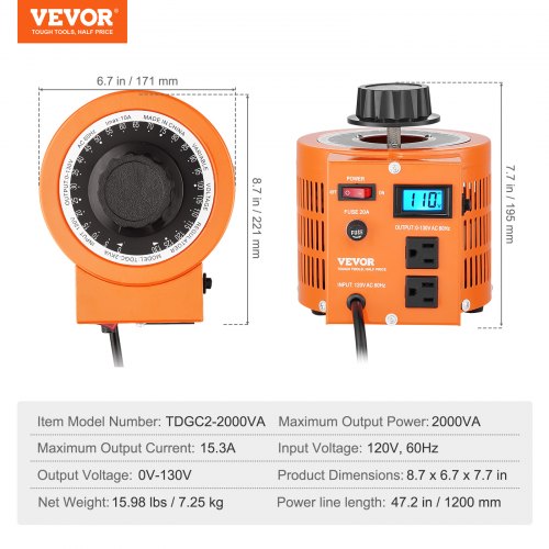2000VA Auto Variable Voltage Transformer 15.3 Amp 110V Input130V Output