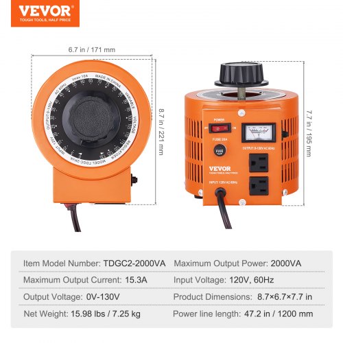 2000VA Auto Variable Voltage Transformer 15.3 Amp 110V Input 0130V Output