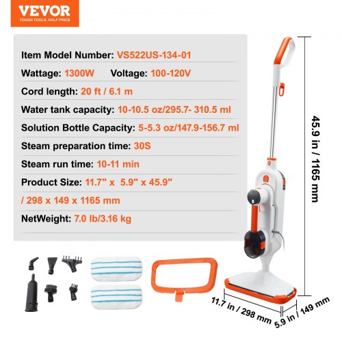 Steam Mop 8in1 Hard Wood Floor Cleaner with 7 Replaceable Brush Heads