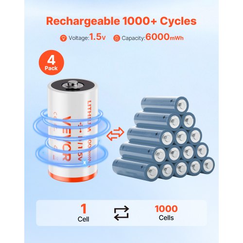 Rechargeable D Batteries 4 Pack 15V 6000mWh Lithium D Battery with 4 in 1