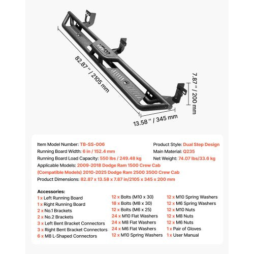 Running Boards 6 Inches Side Steps Compatible with 20092018 Dodge Ram 1500 1