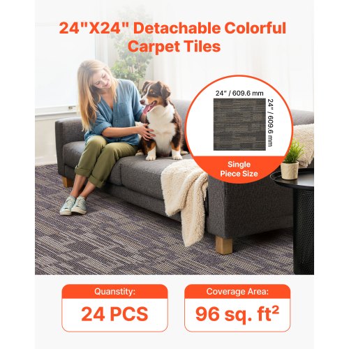 Carpet Tiles Reusable 24x24 inch 24 PCS Modular Carpet Square Rug