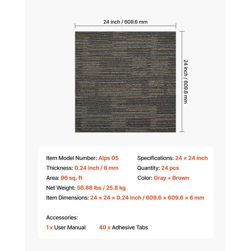 Carpet Tiles Reusable 24x24 inch 24 PCS Modular Carpet Square Rug