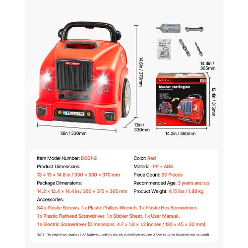 Engine Toy 60 Pieces Kids Mechanic Car Repair Set with Removable Parts