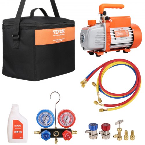 15 HP 35 CFM AC Vacuum Pump and Gauge Set Single Stage Rotary Vane HVAC