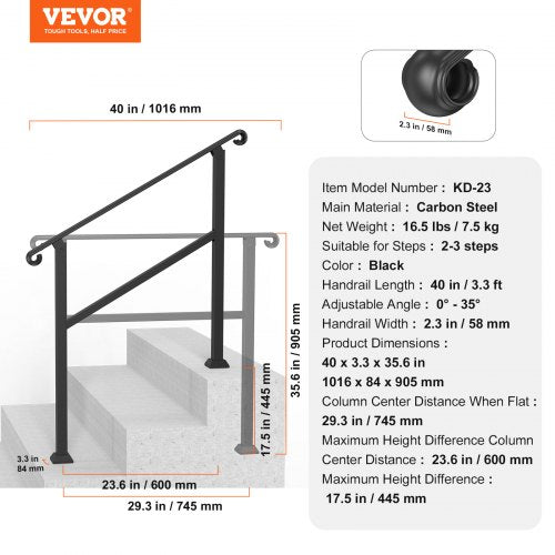 23 Step Handrails for Outdoor Steps for Seniors Porch Deck Post – 600 MM