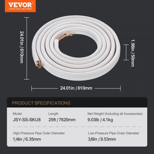 25FT Mini Split Line Set 14 38 OD Copper Pipes Tubing and TripleLayer Insulation