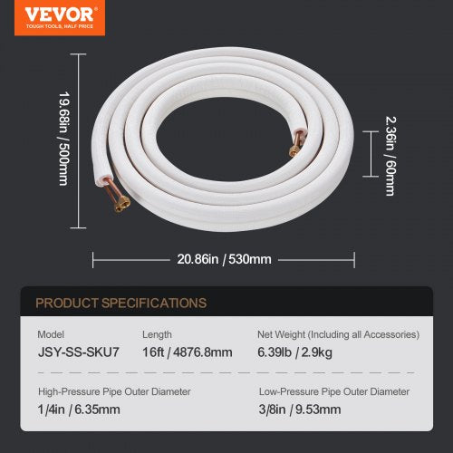 16FT Mini Split Line Set 14 38 OD Copper Pipes Tubing and TripleLayer Insulation