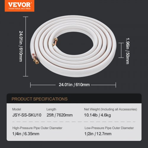 25FT Mini Split Line Set 14 12 OD Copper Pipes Tubing and TripleLayer Insulation
