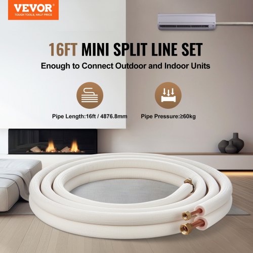 16FT Mini Split Line Set 38 58 OD Copper Pipes Tubing and TripleLayer Insulation