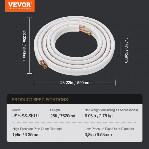 25FT Mini Split Line Set 14 38 OD Copper Pipes Tubing and TripleLayer Insulation