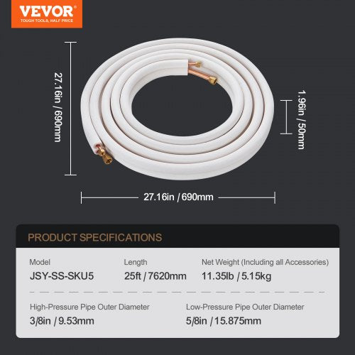 25FT Mini Split Line Set 38 58 OD Copper Pipes Tubing and TripleLayer Insulation
