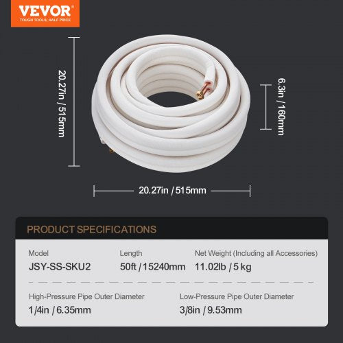 50FT Mini Split Line Set 14 38 OD Copper Pipes Tubing and TripleLayer Insulation
